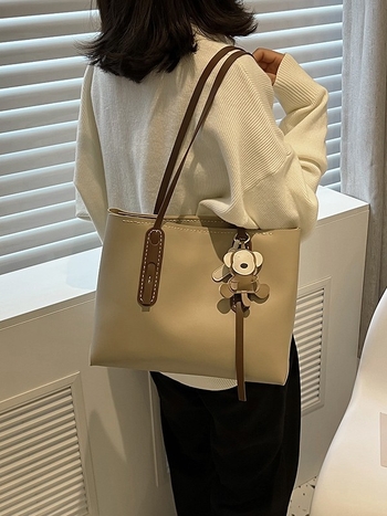 Τσάντα tote για μετακινήσεις - PU υλικό, οριζόντια τετράγωνο σχήμα, άνοιγμα με φερμουάρ, επένδυση από συνθετικό δέρμα, τρισδιάστατος σχεδιασμός, διπλοί ιμάντες