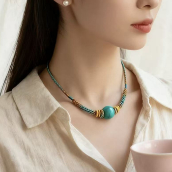 Ručno tkan lanac od užeta za ključnu kost – unisex, prirodan, pleteni vlakno s tirkiznim perlama