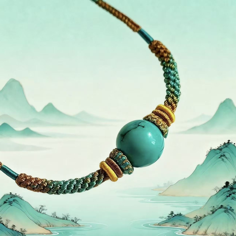 Ručno tkan lanac od užeta za ključnu kost – unisex, prirodan, pleteni vlakno s tirkiznim perlama