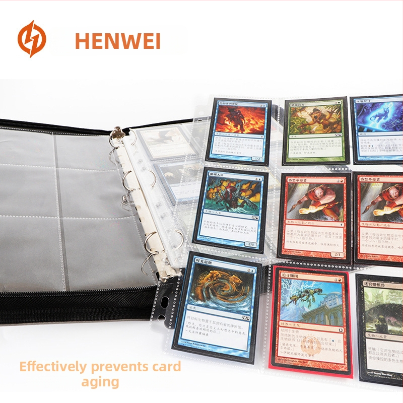 Priehľadná kartová stránka s 9 políčkami a 11 otvormi pre album; obojstranná vnútorná stránka, PP materiál, Henwei; kompatibilné s Yu-Gi-Oh TCG a Pokémon kartami