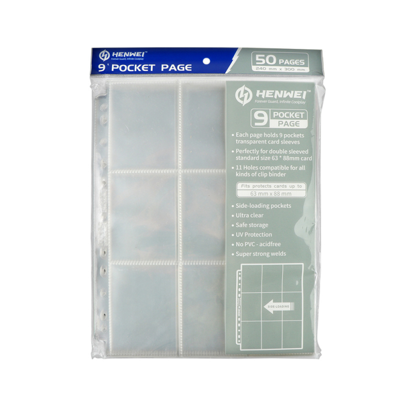 Henwei прозрачна страница за албум с 9 клетки и 11 дупки; двустранна страница, PP материал; съвместима с Yu-Gi-Oh TCG и Pokémon карти