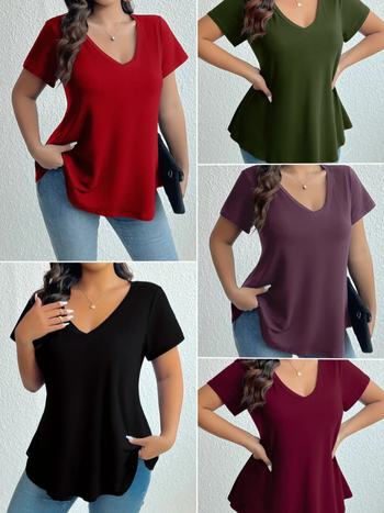 Póló V-nyakú, rövid ujjú, egyszerű minta, poliészter-elasztán keverék