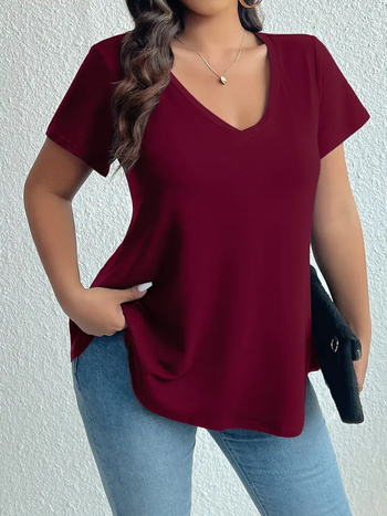 Μπλουζάκι με V-λαιμό, κοντά μανίκια, στερεό μοτίβο, μείγμα πολυεστέρα-ελαστάν