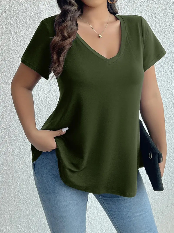 Póló V-nyakú, rövid ujjú, egyszerű minta, poliészter-elasztán keverék