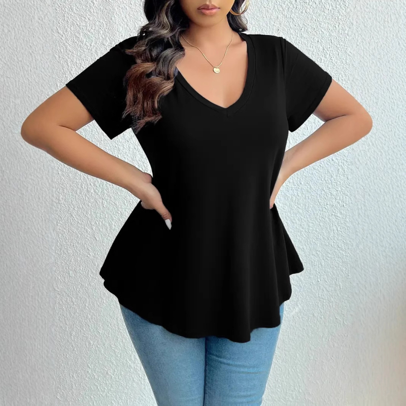Póló V-nyakú, rövid ujjú, egyszerű minta, poliészter-elasztán keverék