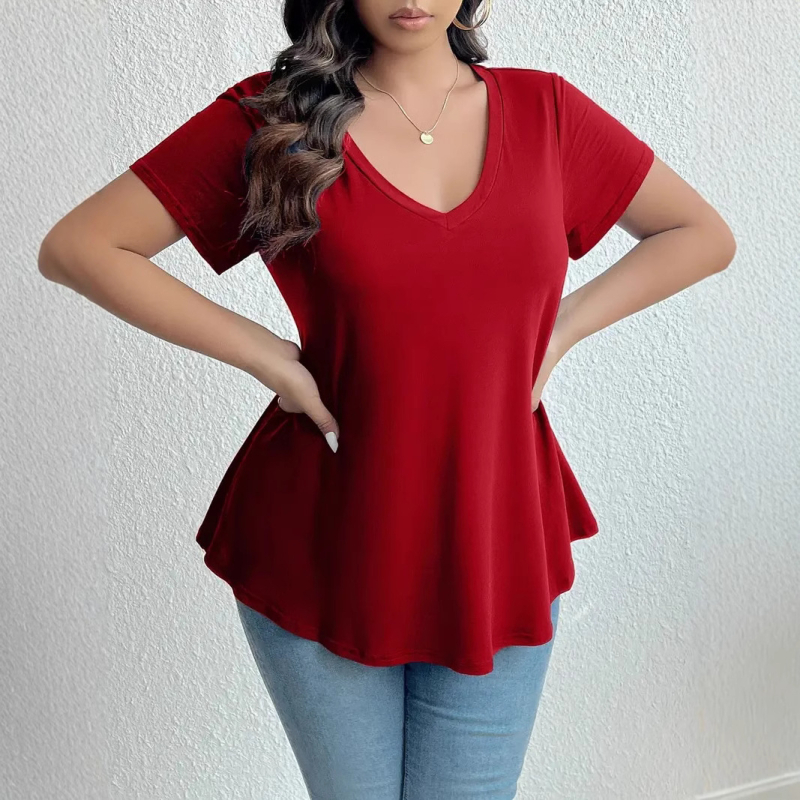 Póló V-nyakú, rövid ujjú, egyszerű minta, poliészter-elasztán keverék