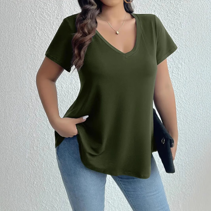 Póló V-nyakú, rövid ujjú, egyszerű minta, poliészter-elasztán keverék