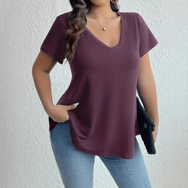 Póló V-nyakú, rövid ujjú, egyszerű minta, poliészter-elasztán keverék