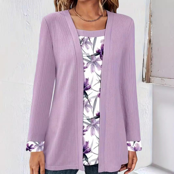 Μπλούζα με μακριά μανίκια, φλοράλ κολάζ, ψεύτικο διπλό σετ, τετράγωνο γιακά, φαρδιά γραμμή