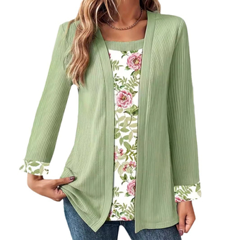 Μπλούζα με μακριά μανίκια, φλοράλ κολάζ, ψεύτικο διπλό σετ, τετράγωνο γιακά, φαρδιά γραμμή