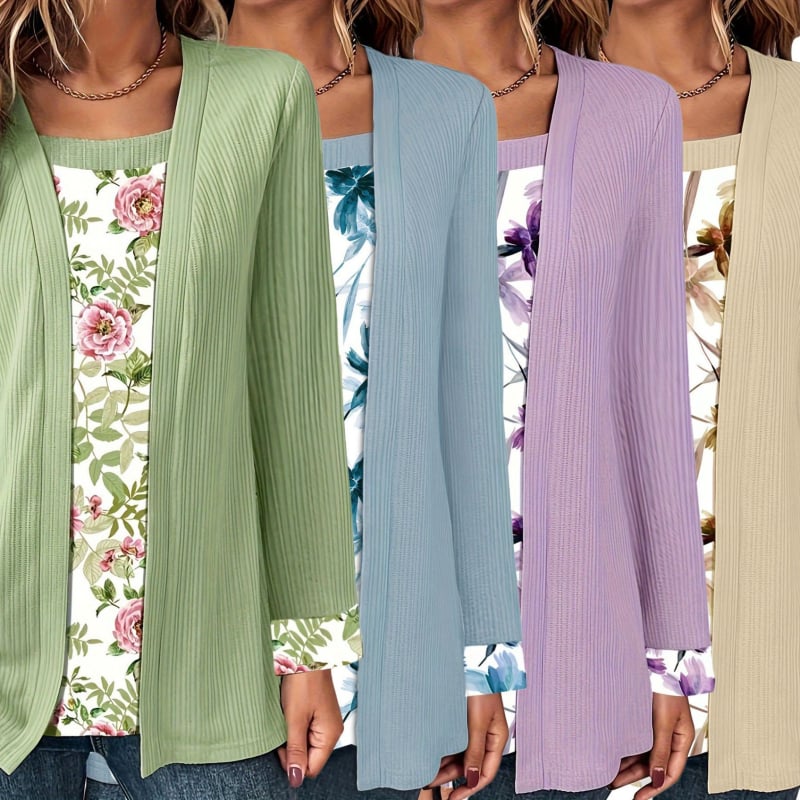 Tricou cu mâneci lungi, imprimeu floral în colaj, ansamblu fals de tip două piese, guler pătrat, croi lejer