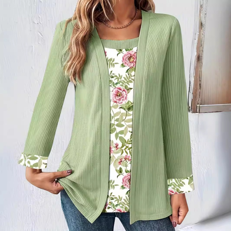 Tricou cu mâneci lungi, imprimeu floral în colaj, ansamblu fals de tip două piese, guler pătrat, croi lejer