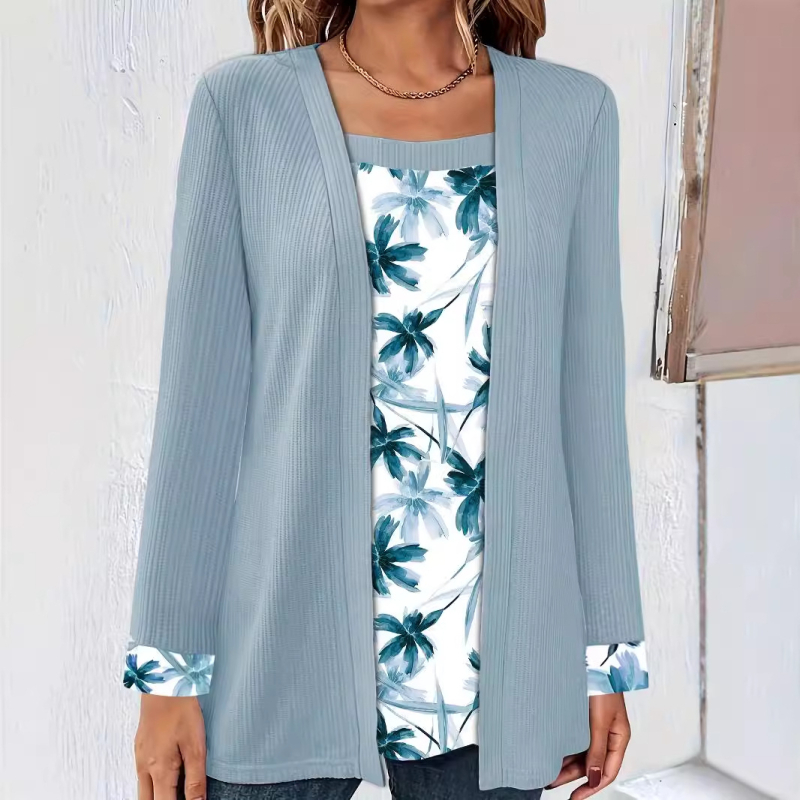 Tricou cu mâneci lungi, imprimeu floral în colaj, ansamblu fals de tip două piese, guler pătrat, croi lejer