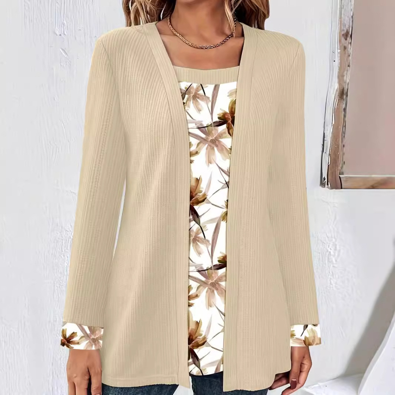 Tricou cu mâneci lungi, imprimeu floral în colaj, ansamblu fals de tip două piese, guler pătrat, croi lejer