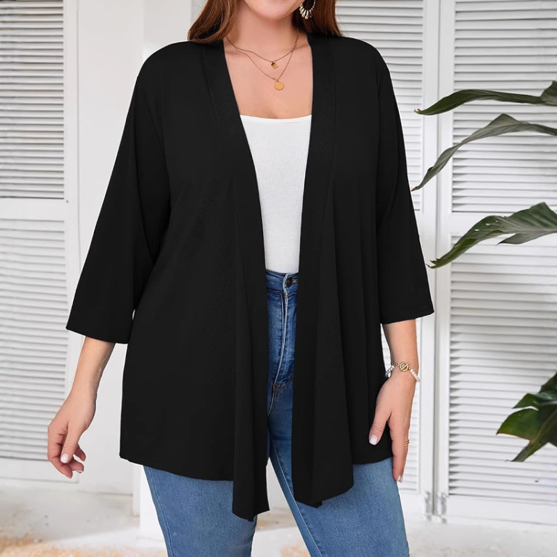 Moteriškas kardigano švarkas su ilgomis rankovėmis, vidutinio ilgio, apykaklė su lapel, pieno šilko brushed audinys, 30–50% elastano ir poliesterio pluoštas (Pavasaris 2025)