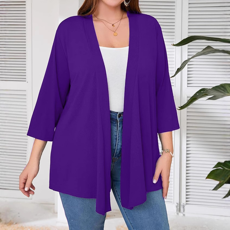 Moteriškas kardigano švarkas su ilgomis rankovėmis, vidutinio ilgio, apykaklė su lapel, pieno šilko brushed audinys, 30–50% elastano ir poliesterio pluoštas (Pavasaris 2025)