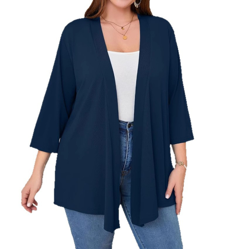 Moteriškas kardigano švarkas su ilgomis rankovėmis, vidutinio ilgio, apykaklė su lapel, pieno šilko brushed audinys, 30–50% elastano ir poliesterio pluoštas (Pavasaris 2025)