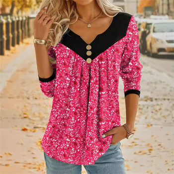 Μπλούζα με φλοράλ εκτύπωση, V-λαιμό, κοντά μανίκια, φαρδιά γραμμή, ύφασμα πολυεστέρα-σπαντέξ.