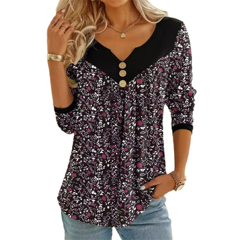 Μπλούζα με φλοράλ εκτύπωση, V-λαιμό, κοντά μανίκια, φαρδιά γραμμή, ύφασμα πολυεστέρα-σπαντέξ.