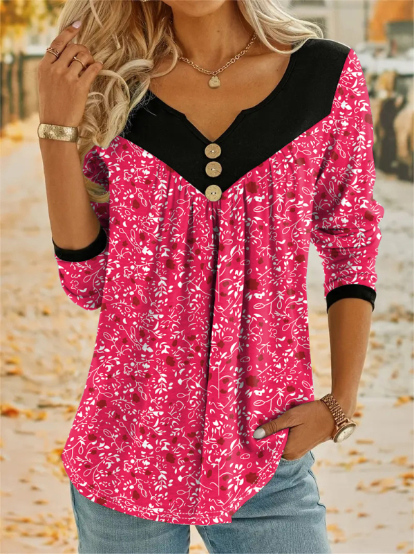 Тениска с флорална щампа, V-образно деколте, къси ръкави, свободна кройка, полиестер и спандекс.