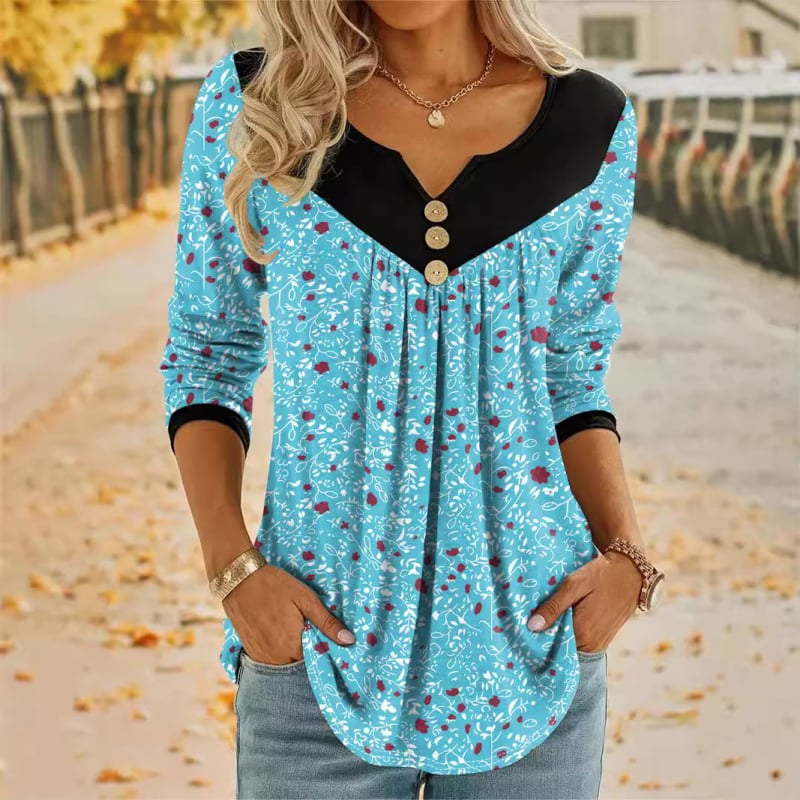 Тениска с флорална щампа, V-образно деколте, къси ръкави, свободна кройка, полиестер и спандекс.