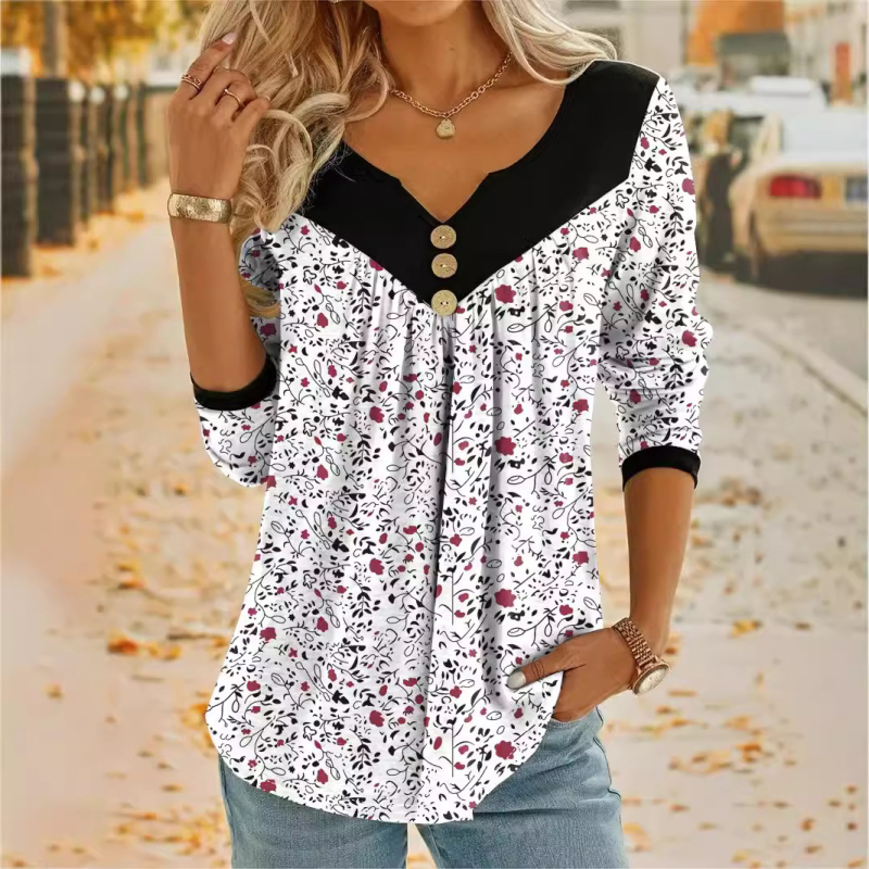 Тениска с флорална щампа, V-образно деколте, къси ръкави, свободна кройка, полиестер и спандекс.