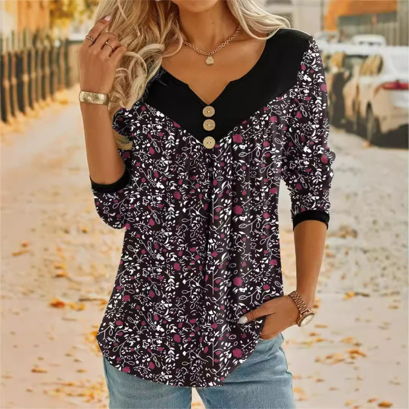 Тениска с флорална щампа, V-образно деколте, къси ръкави, свободна кройка, полиестер и спандекс.