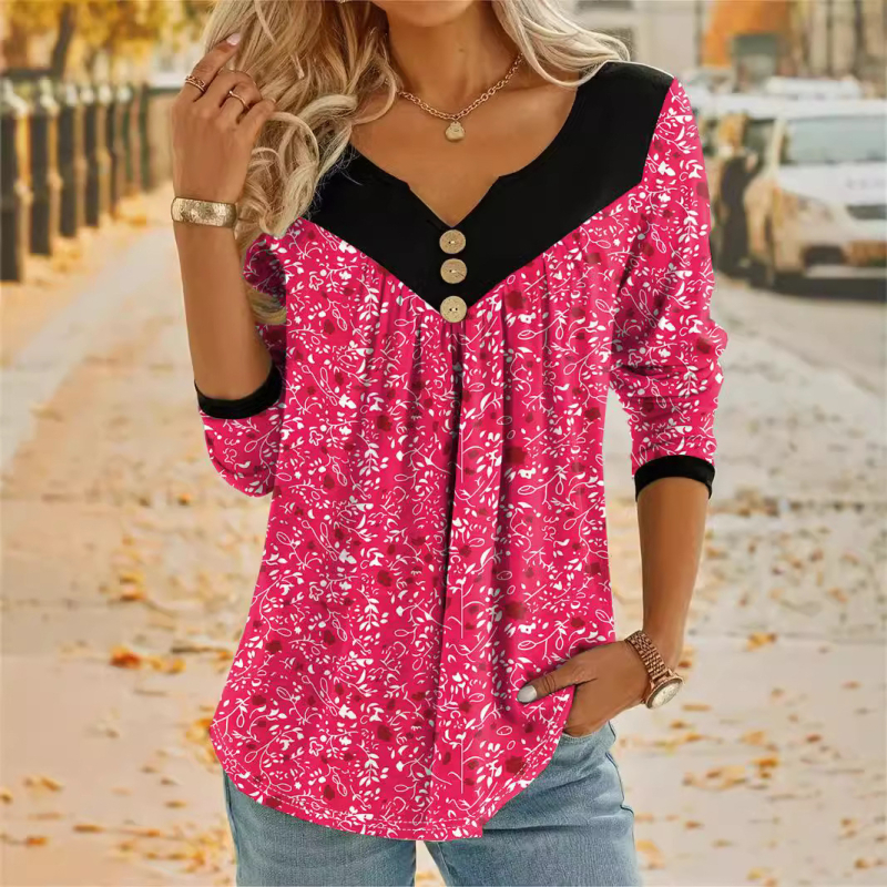 Тениска с флорална щампа, V-образно деколте, къси ръкави, свободна кройка, полиестер и спандекс.