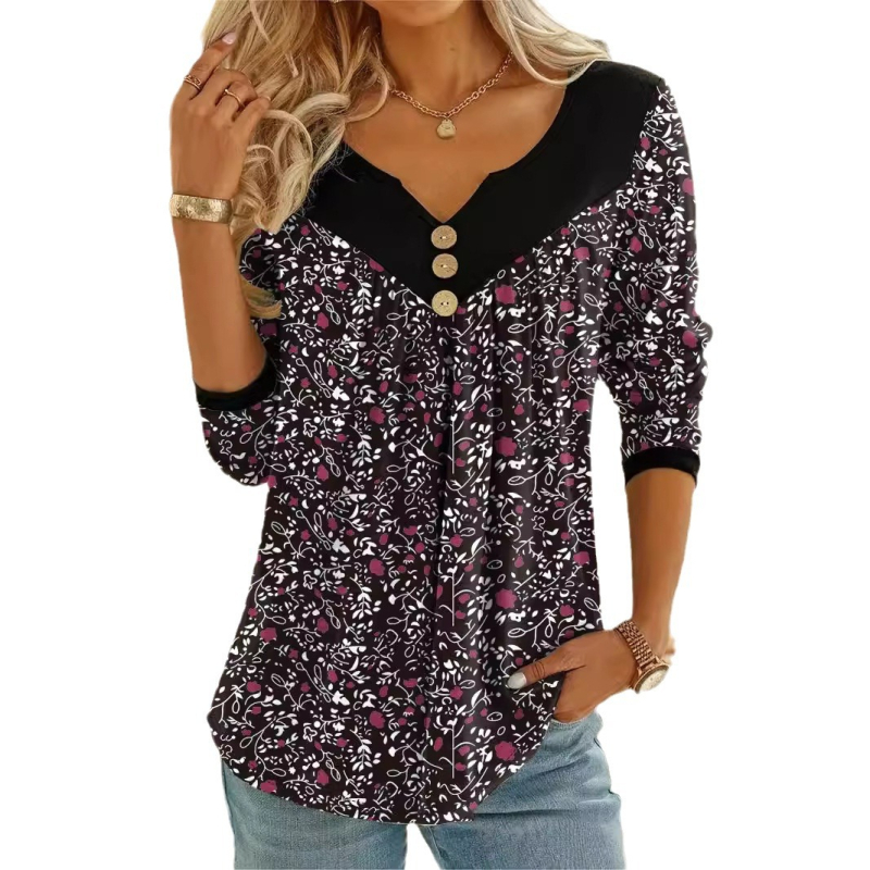 Тениска с флорална щампа, V-образно деколте, къси ръкави, свободна кройка, полиестер и спандекс.