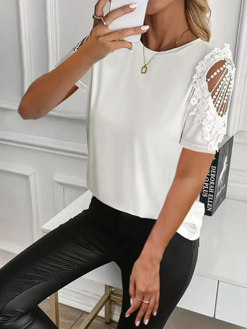 Μπλούζα με κοντό μανίκι δαντέλα, στρογγυλός λαιμός, διαπνοή Milk Silk ύφασμα, 90–95% πολυεστέρ, μονόχρωμη, διάτρητη κατασκευή