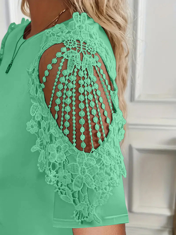 Μπλούζα με κοντό μανίκι δαντέλα, στρογγυλός λαιμός, διαπνοή Milk Silk ύφασμα, 90–95% πολυεστέρ, μονόχρωμη, διάτρητη κατασκευή