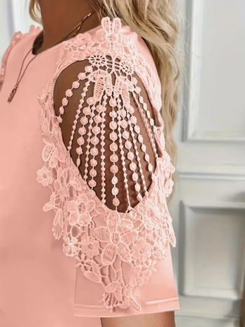 Μπλούζα με κοντό μανίκι δαντέλα, στρογγυλός λαιμός, διαπνοή Milk Silk ύφασμα, 90–95% πολυεστέρ, μονόχρωμη, διάτρητη κατασκευή