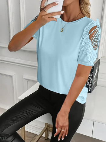 Μπλούζα με κοντό μανίκι δαντέλα, στρογγυλός λαιμός, διαπνοή Milk Silk ύφασμα, 90–95% πολυεστέρ, μονόχρωμη, διάτρητη κατασκευή