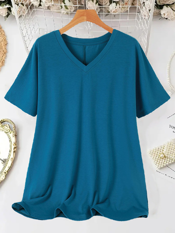 Sieviešu T-krekls ar V kaklu, īsām piedurknēm, brīva piegriezuma, poliestera elastāna maisījums, vienkrāsains, vasara 2025