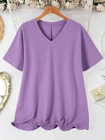Sieviešu T-krekls ar V kaklu, īsām piedurknēm, brīva piegriezuma, poliestera elastāna maisījums, vienkrāsains, vasara 2025
