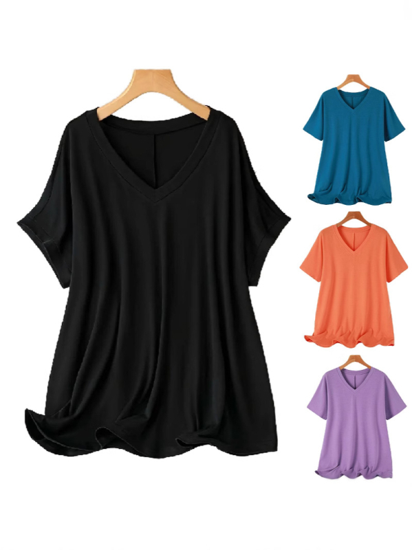 Sieviešu T-krekls ar V kaklu, īsām piedurknēm, brīva piegriezuma, poliestera elastāna maisījums, vienkrāsains, vasara 2025