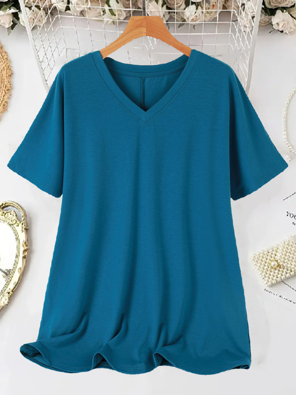 Sieviešu T-krekls ar V kaklu, īsām piedurknēm, brīva piegriezuma, poliestera elastāna maisījums, vienkrāsains, vasara 2025