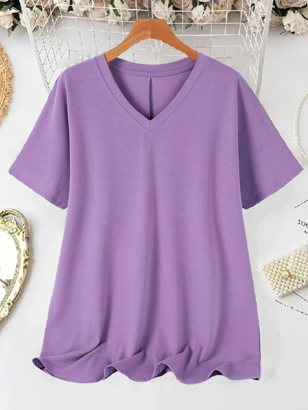 Sieviešu T-krekls ar V kaklu, īsām piedurknēm, brīva piegriezuma, poliestera elastāna maisījums, vienkrāsains, vasara 2025