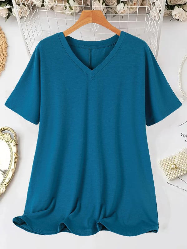 Sieviešu T-krekls ar V kaklu, īsām piedurknēm, brīva piegriezuma, poliestera elastāna maisījums, vienkrāsains, vasara 2025