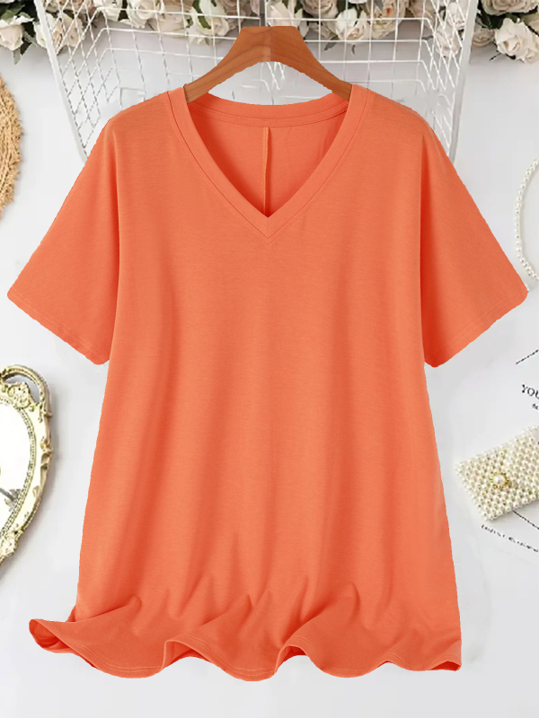 Sieviešu T-krekls ar V kaklu, īsām piedurknēm, brīva piegriezuma, poliestera elastāna maisījums, vienkrāsains, vasara 2025