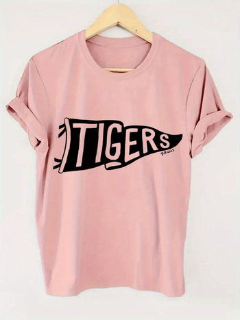 Μπλούζα από βαμβάκι με γεωμετρικό τύπωμα τίγρης, στρογγυλός λαιμός, κοντά μανίκια, στυλ πουλόβερ