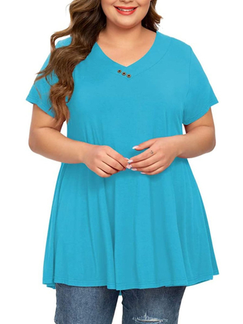 Sieviešu top ar īsām piedurknēm, V veida kakla izgriezums, pogas un josta, Plus Size, poliesters, pilsētas brīvs stils
