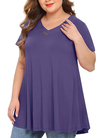 Sieviešu top ar īsām piedurknēm, V veida kakla izgriezums, pogas un josta, Plus Size, poliesters, pilsētas brīvs stils