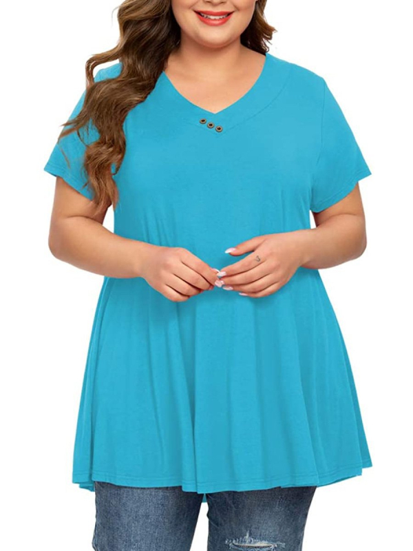 Sieviešu top ar īsām piedurknēm, V veida kakla izgriezums, pogas un josta, Plus Size, poliesters, pilsētas brīvs stils