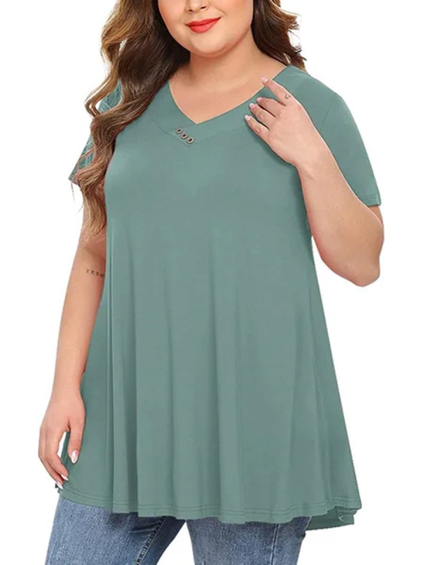 Sieviešu top ar īsām piedurknēm, V veida kakla izgriezums, pogas un josta, Plus Size, poliesters, pilsētas brīvs stils