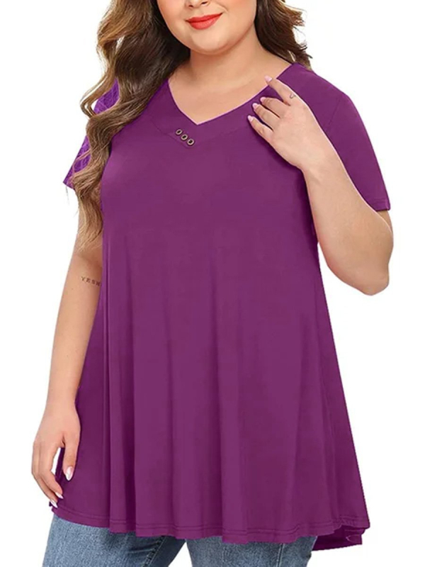 Sieviešu top ar īsām piedurknēm, V veida kakla izgriezums, pogas un josta, Plus Size, poliesters, pilsētas brīvs stils