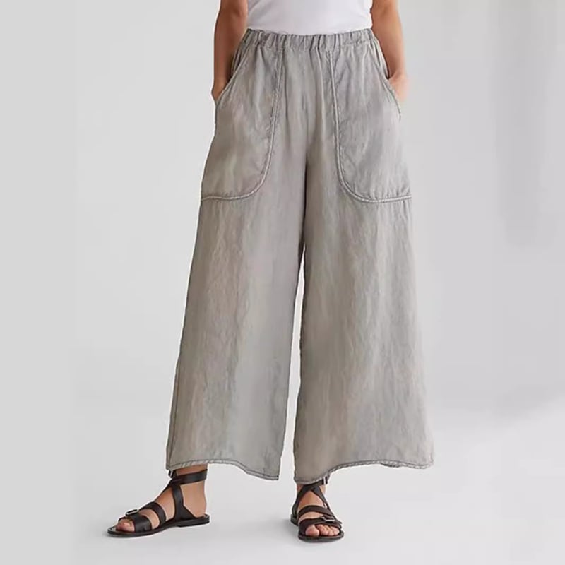 Pantaloni largi pentru femei din bumbac și in, cu buzunare, talie medie, țesătură ușor elastică
