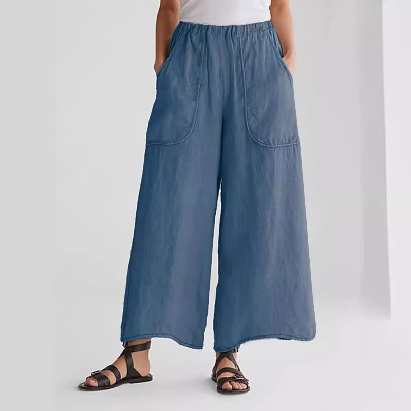Pantaloni largi pentru femei din bumbac și in, cu buzunare, talie medie, țesătură ușor elastică