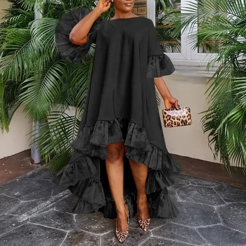 Φόρεμα με δαντελωτή ραφή, ασύμμετρο τελείωμα, μακρύ μήκος, στρογγυλή λαιμόκοψη, συνδυασμός πολυεστέρα-ελαστάν