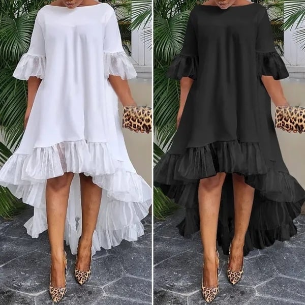 Rochie lungă din dantelă cusută, tiv inegal, lungime maxi, guler rotund, amestec poliester/elastan